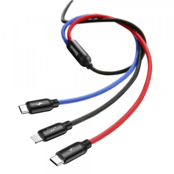 Baseus 3in1 Micro-USB, USB-C, Lightning Kaapeli, Musta / Punainen / Sininen