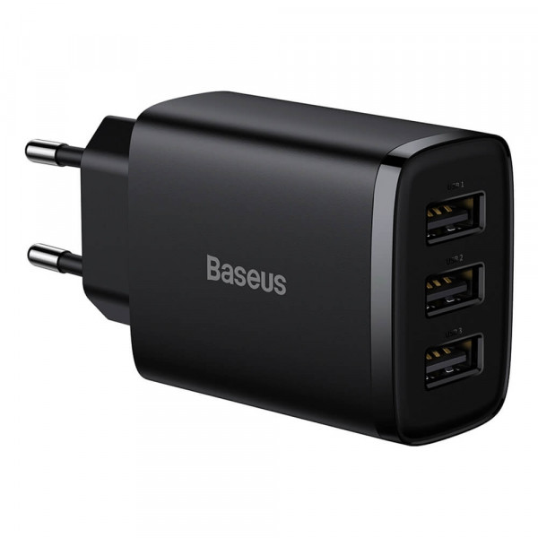 Baseus Compact 3 x USB Verkkolaturi, 17W, Musta