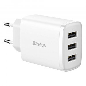 Baseus Compact 3 x USB-A Verkkolaturi, 17W, Valkoinen