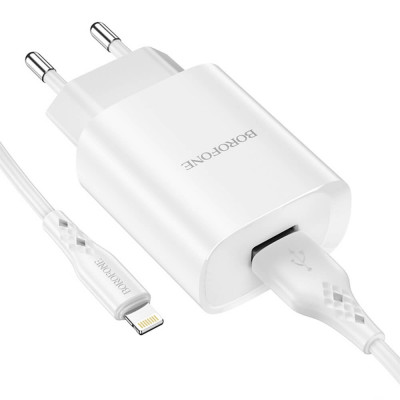 Borofone BN1 USB-A Verkkolaturi + Lightning -kaapeli, Valkoinen