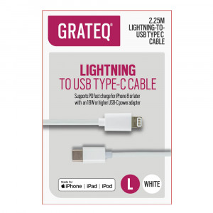 Grateq Lightning - USB-C Pikalatauskaapeli 2,25m, Valkoinen