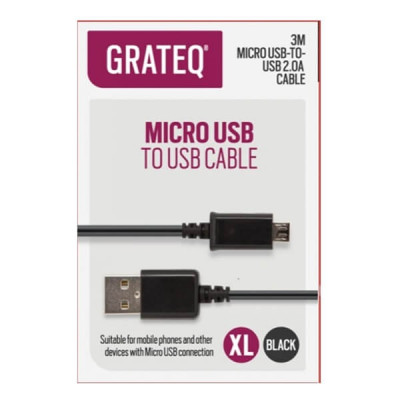 Grateq Micro USB-Kaapeli 3m, Musta