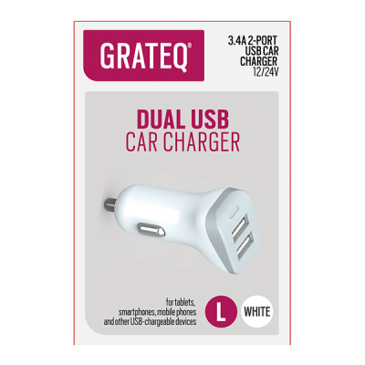 Grateq Tupakansytytin autolaturi 2 x USB paikalla 3.4A, Valkoinen