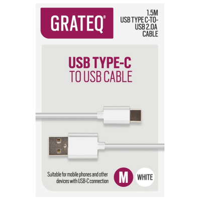 Grateq USB-C - USB-A 2.0 Kaapeli 1,5m, Valkoinen