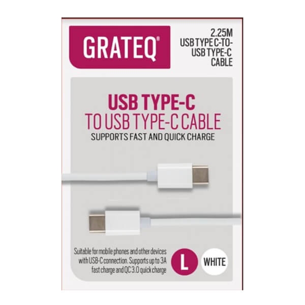 Grateq USB-C - USB-C Pikalatauskaapeli 2,25m, Valkoinen
