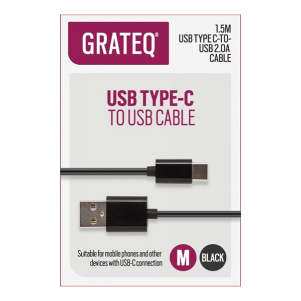 Grateq USB-C - USB-A 2.0 kaapeli 1,5m, Musta