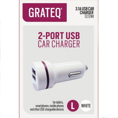 Grateq Tupakansytytin autolaturi 2 x USB paikalla 3.4A, Valkoinen