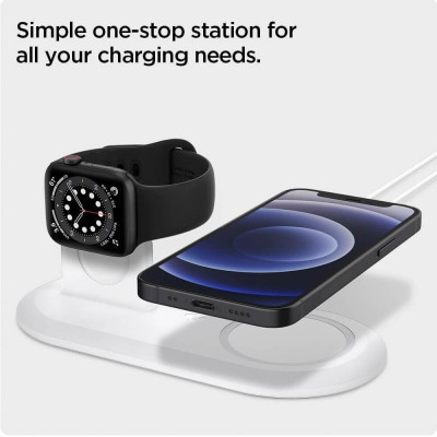Spigen MagFit Duo -teline Apple Magsafe ja Apple Watch latureille, Valkoinen